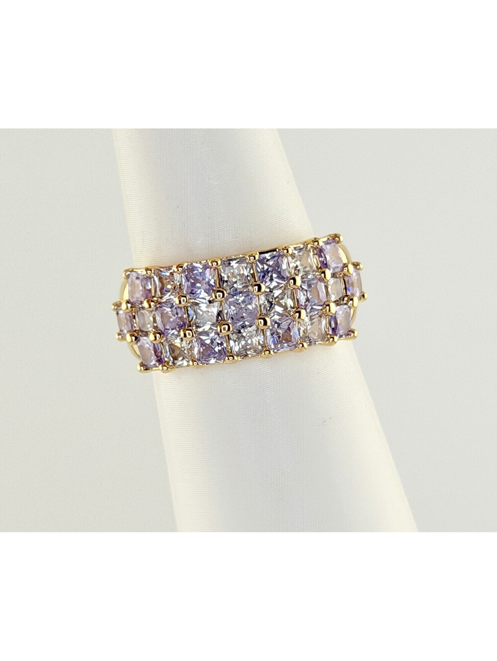 Bomb Party Ring Sz 8 "Vow And Again" Lavender Topaz & Clear Cz on Gold Checkered